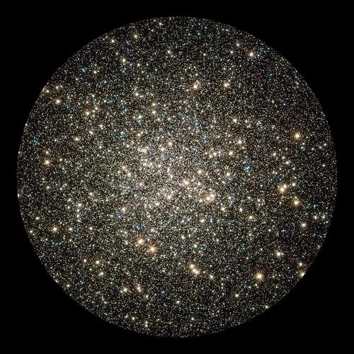 Like a whirl of shiny flakes sparkling in a snow globe, the NASA/ESA Hubble Space Telescope catches an instantaneous glimpse of many hundred