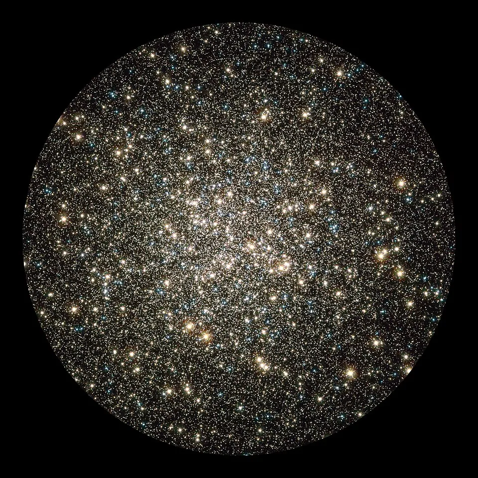 Like a whirl of shiny flakes sparkling in a snow globe, the NASA/ESA Hubble Space Telescope catches an instantaneous glimpse of many hundred
