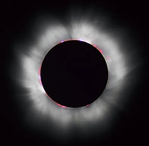 皆既日食で月のまわりに広がる太陽のコロナ