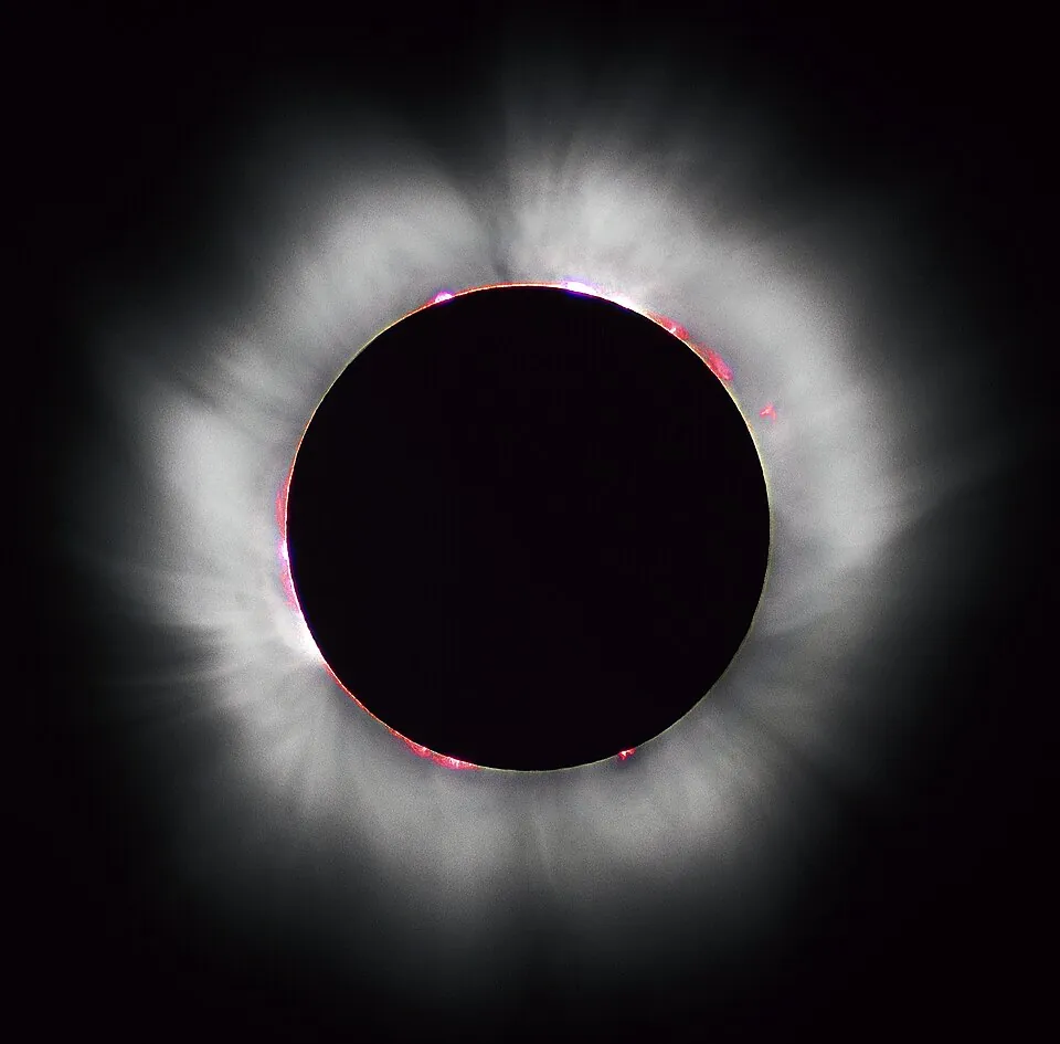 皆既日食で月のまわりに広がる太陽のコロナ