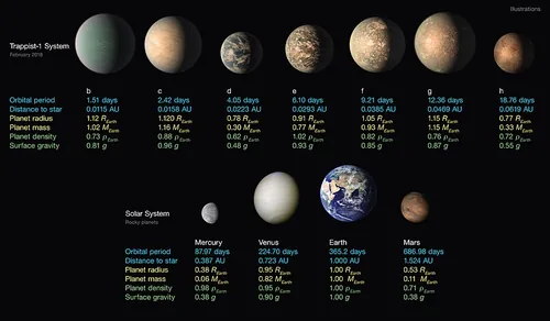 TRAPPIST-1の7つの惑星の性質を並べた想像図(NASA/JPL-Caltech)