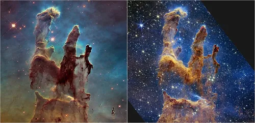 星が生まれているガスとちりの雲「創造の柱」(左がハッブル、右がウェッブ宇宙望遠鏡の画像)