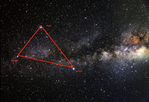 天の川をはさむ夏の大三角の星空